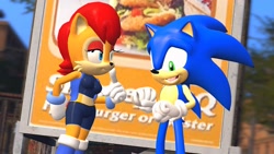 Size: 1920x1080 | Tagged: safe, artist:spikehedgelion8, sally acorn, sonic the hedgehog, chipmunk, hedgehog, 2021, 3d, building, daytime, duo, english text, female, gmod, house, looking at each other, male, sally x sonic, sally's ringblader outfit, shipping, standing, straight, tree, valentine's day