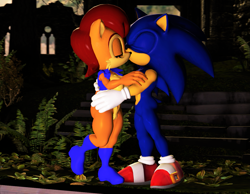 Size: 1379x1071 | Tagged: safe, artist:kabalmystic, artist:roythepichu, sally acorn, sonic the hedgehog, chipmunk, hedgehog, 2021, 3d, building, daytime, duo, eyes closed, female, hugging, kiss, male, sally x sonic, sally's vest and boots, shipping, source filmmaker, straight
