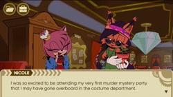 Size: 1920x1080 | Tagged: safe, artist:jadepesky, amy rose, nicole the hololynx, chao, hedgehog, lynx, the murder of sonic the hedgehog, 2025, alternate outfit, clothes, dialogue, duo, english text, eyes closed, fake screenshot, female, glasses, holding something, plant, plant pot, the mirage express