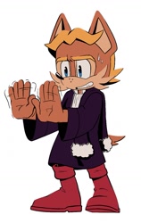 Size: 923x1464 | Tagged: safe, artist:jadepesky, antoine d'coolette, coyote, the murder of sonic the hedgehog, 2025, alternate outfit, clothes, fully clothed, male, simple background, solo, sprite, sweatdrop, white background