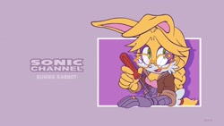 Size: 2048x1152 | Tagged: safe, artist:jadepesky, bunnie rabbot, rabbit, 2026, english text, female, fixing, glasses, holding something, jacket, looking at viewer, open smile, roboticized, screwdriver, smile, smiling at viewer, solo, sonic channel, sonic channel style, sonic channel wallpaper style
