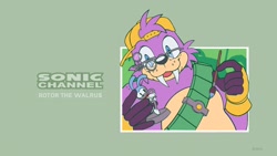 Size: 2048x1152 | Tagged: safe, artist:jadepesky, feels the rabbit, rotor walrus, walrus, 2026, english text, figure, glasses, gloves, hat, holding something, looking at viewer, male, painting, roboticized, solo, sonic channel, sonic channel style, sonic channel wallpaper style