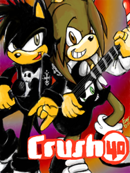 Size: 480x640 | Tagged: safe, artist:evergreen13, sonic the hedgehog, 2012, crush 40, duo, grin, guitar, holding something, johnny gioeli, jun senoue, logo, looking at viewer, microphone, mobianified, playing music, smile, standing
