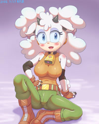 Size: 2800x3500 | Tagged: safe, artist:boaz2038, lanolin the sheep, sheep, blushing, female, hand on hip, leaning back, mouth open, sitting, solo