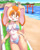 Size: 2800x3500 | Tagged: suggestive, artist:boaz2038, vanilla the rabbit, rabbit, beach, bedroom eyes, bikini, blushing, daytime, female, head tilt, looking at viewer, lying back, mouth open, open smile, outdoors, sand, smile, smiling at viewer, solo, solo female, swimsuit, water
