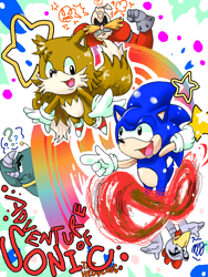 Size: 480x640 | Tagged: safe, artist:seiyo, grounder, miles "tails" prower, robotnik, scratch, sonic the hedgehog, adventures of sonic the hedgehog, 2010, abstract background, angry, clenched fist, clenched teeth, group, looking at each other, looking at them, mouth open, open smile, outline, pointing, robot, running, smile, smiling at each other, smiling at them, star (symbol), white outline