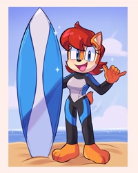 Size: 1862x2327 | Tagged: safe, artist:loulubally, sally acorn, chipmunk, 2024, beach, daytime, holding something, looking at viewer, pose, solo, summer, surfboard, swimsuit