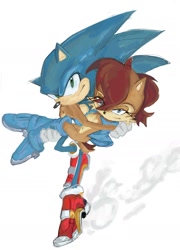 Size: 1354x1883 | Tagged: safe, artist:hirehire0606, sally acorn, sonic the hedgehog, chipmunk, hedgehog, 2026, carrying them, duo, dust, looking at viewer, male, running, sally x sonic, sally's vest and boots, shipping, simple background, straight, white background