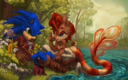 Size: 2048x1284 | Tagged: safe, artist:silly fixie, sally acorn, sonic the hedgehog, chipmunk, hedgehog, 2026, alternate outfit, clothes, daytime, duo, flower, forest, lake, looking at them, male, mermaid, sally x sonic, shipping, straight, tree, water, wet