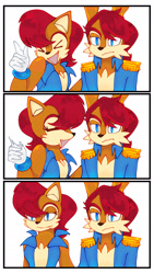 Size: 1080x1920 | Tagged: safe, artist:symphonybreth, elias acorn, sally acorn, chipmunk, 2026, brother and sister, comic, duo, eyes closed, female, laughing, looking at them, looking offscreen, male, meme, not amused, pointing, sally's vest and boots, siblings, simple background, white background