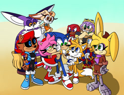 Size: 2048x1582 | Tagged: safe, artist:kittytale, amy rose, antoine d'coolette, big the cat, bunnie rabbot, cream the rabbit, knuckles the echidna, miles "tails" prower, rotor walrus, sally acorn, sonic the hedgehog, cat, chipmunk, coyote, echidna, fox, hedgehog, rabbit, walrus, 2026, alternate universe, au:all in (kittytale), daytime, female, freedom fighters, group, looking at each other, male, redraw, roboticized, smile, smiling at each other, tears, tears of happiness