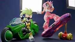 Size: 3840x2160 | Tagged: safe, artist:st0rm3ye, amy rose, surge the tenrec, hedgehog, tenrec, 3d, duo, female, grin, looking at viewer, looking offscreen, mouth open, open smile, sitting, smile, smiling at viewer, standing