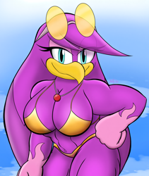 Size: 3814x4524 | Tagged: suggestive, artist:shinjigo08, wave the swallow, bikini, eye clipping through hair, female, hand on hip, looking at viewer, smile, smiling at viewer, solo