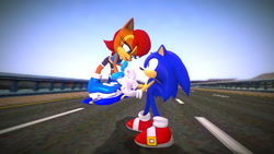 Size: 1280x720 | Tagged: safe, artist:shadster669, sally acorn, sonic the hedgehog, chipmunk, hedgehog, 2015, 3d, daytime, duo, extreme gear, gmod, looking at each other, male, road, sally x sonic, sally's ringblader outfit, shipping, straight, teaching, vehicle