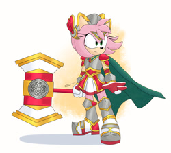 Size: 1300x1160 | Tagged: safe, artist:firebear64, amy rose, hedgehog, 2023, alternate outfit, armor, cape, female, holding something, knight armor, looking offscreen, paladin amy, pose, simple background, solo, weapon