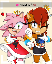 Size: 1021x1259 | Tagged: safe, artist:sallyrose975, amy rose, sally acorn, shadow the hedgehog, sonic the hedgehog, chipmunk, hedgehog, 2025, duo, english text, female, grin, heart, holding something, keychain, looking at viewer, mouth open, open smile, pointing, pose, sally's ringblader outfit, selfie, smile, smiling at viewer, star (symbol), wink, winking at viewer
