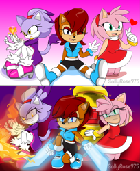 Size: 2843x3490 | Tagged: safe, artist:sallyrose975, amy rose, blaze the cat, sally acorn, cat, chipmunk, hedgehog, 2024, crouching, female, fighting pose, fire, flame, glow, heart, holding something, looking at viewer, looking offscreen, piko piko hammer, pose, sally's ringblader outfit, simple background, sitting, smile, sparkles, trio, v sign, weapon, wink
