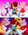 Size: 2843x3490 | Tagged: safe, artist:sallyrose975, amy rose, blaze the cat, sally acorn, cat, chipmunk, hedgehog, 2024, crouching, female, fighting pose, fire, flame, glow, heart, holding something, looking at viewer, looking offscreen, piko piko hammer, pose, sally's ringblader outfit, simple background, sitting, smile, sparkles, trio, v sign, weapon, wink