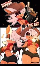 Size: 1680x2705 | Tagged: suggestive, artist:dai_honeys, rouge the bat, bat, aiming, bikini top, character name, clothes, cowboy hat, eye clipping through hair, female, gloves, gun, hat, heart, holding something, looking at viewer, one fang, outline, pointing gun at viewer, revolver, scarf, shorts, smile, smiling at viewer, solo, weapon, white outline
