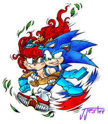 Size: 2852x3261 | Tagged: safe, artist:jokingjesterjj, sally acorn, sonic the hedgehog, chipmunk, hedgehog, 2026, carrying them, duo, falling leaves, female, leaves, looking at each other, male, running, sally x sonic, sally's vest and boots, shipping, simple background, straight, white background