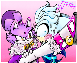 Size: 3290x2709 | Tagged: safe, artist:jokingjesterjj, blaze the cat, silver the hedgehog, cat, hedgehog, 2026, alternate outfit, blaze x silver, clothes, duo, female, fully clothed, jumpsuit, looking at them, male, raised leg, redesign, shipping, smile, smiling at them, straight, sweatdrop