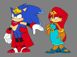 Size: 1280x945 | Tagged: safe, artist:howteyoarts, sally acorn, sonic the hedgehog, chipmunk, hedgehog, 2023, cape, crown, duo, female, king sonic, male, older, pose, queen sally acorn, redesign, sally x sonic, sally's vest and boots, shipping, simple background, standing, straight, tiara