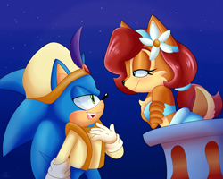 Size: 2500x2000 | Tagged: safe, artist:yoshiyoshi700, sally acorn, sonic the hedgehog, chipmunk, hedgehog, 2023, aladdin (disney), clothes, crossover, disney, duo, female, flower, flower in ear, looking at viewer, male, nighttime, sally x sonic, shipping, smile, smiling at each other, star (sky), straight