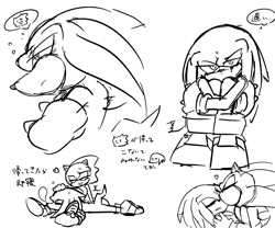 Size: 1200x1000 | Tagged: safe, artist:aoshibazakura95, knuckles the echidna, sonic the hedgehog, 2025, arms folded, duo, eyes closed, gay, greyscale, hand on another's head, heart, japanese text, kiss, knuxonic, lidded eyes, lying down, lying on front, monochrome, shipping, simple background, sitting, white background