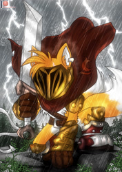 Size: 1700x2400 | Tagged: safe, artist:bluewolfartista, miles "tails" prower, fox, sonic and the black knight, 2019, cape, clouds, fighting pose, flower, forest, grey skies, holding something, knight armor, lightning, male, outdoors, rain, rock, solo, storm, sword, thunder, weapon, wraps