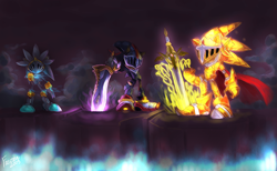 Size: 1500x924 | Tagged: safe, artist:faezza, caliburn, shadow the hedgehog, silver the hedgehog, sonic the hedgehog, hedgehog, sonic and the black knight, 2009, excalibur sonic, flame, glow, holding something, knight armor, looking offscreen, male, sir galahad, sir lancelot, standing, sword, trio, weapon