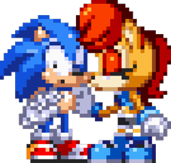 Size: 9360x8944 | Tagged: safe, artist:modgen team, artist:speedpixelartist1995, sally acorn, sonic the hedgehog, chipmunk, hedgehog, 2026, duo, eyes closed, kiss, male, pixel art, redraw, sally x sonic, sally's ringblader outfit, shipping, straight, surprised, transparent background
