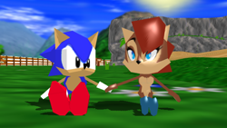 Size: 640x360 | Tagged: safe, artist:janpiel13, artist:sab64, artist:shiyamasaleem, artist:sqrlyjack, sally acorn, sonic the hedgehog, chipmunk, hedgehog, sonic r, 2022, 3d, classic sally, classic sonic, daytime, duo, holding hands, male, miku miku dance, mmd, resort island, sally x sonic, shipping, sitting, straight, sun