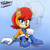 Size: 1800x1800 | Tagged: safe, artist:n0p-matrix, sally acorn, chipmunk, 2026, blue background, female, gradient background, looking at viewer, sally's ringblader outfit, sitting, solo