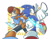Size: 900x701 | Tagged: safe, artist:sg-karuta, sally acorn, sonic the hedgehog, chipmunk, hedgehog, 2017, duo, electricity, fighting pose, looking at back, looking at viewer, low res, male, pointing, pointing at viewer, pose, sally x sonic, sally's ringblader outfit, shipping, straight
