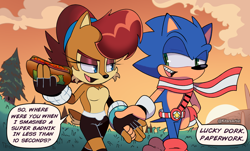 Size: 2480x1500 | Tagged: safe, artist:kitarehamakura, sally acorn, sonic the hedgehog, chipmunk, hedgehog, 2022, alternate universe, au:freedom swap, chili dog, dialogue, duo, english text, food, holding hands, holding something, hot dog, looking at each other, male, sally x sonic, shipping, shorts, speech bubble, straight, sun, sunset, walking
