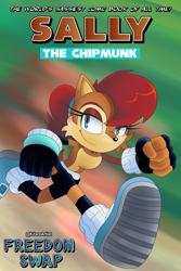 Size: 2730x4096 | Tagged: safe, artist:kitarehamakura, sally acorn, chipmunk, 2021, alternate universe, au:freedom swap, english text, female, forest, looking at viewer, poster, running, shorts, solo