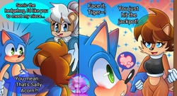 Size: 1375x750 | Tagged: safe, artist:garabak0, rosie woodchuck, sally acorn, sonic the hedgehog, chipmunk, hedgehog, 2023, alternate universe, blushing, comic, dialogue, english text, greeting, heart, looking at each other, looking at them, male, sally x sonic, shipping, sparkles, speech bubble, straight, trio, watermark, woodchuck