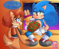 Size: 1350x1125 | Tagged: safe, artist:garabak0, sally acorn, sonic the hedgehog, chipmunk, hedgehog, 2024, alternate universe, blushing, comic, dialogue, drink, duo, english text, fireworks, flower, food, holding something, hot dog, looking at each other, male, nighttime, rose, shipping, sonallyk, speech bubble, straight, watermark, window