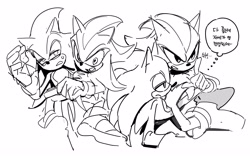 Size: 4096x2560 | Tagged: safe, artist:guitar_00000001, shadow the hedgehog, sonic the hedgehog, 2026, duo, greyscale, korean text, lidded eyes, lying down, monochrome, mouth open, simple background, sketch, thought bubble, white background