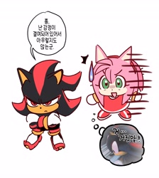 Size: 3664x4096 | Tagged: safe, artist:guitar_00000001, amy rose, shadow the hedgehog, sonic adventure 2, 2026, arms folded, chibi, duo, frown, korean text, looking at them, mouth open, simple background, smile, speech bubble, sweatdrop, thought bubble, white background