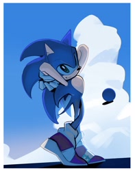 Size: 3226x4096 | Tagged: safe, artist:guitar_00000001, sonic the hedgehog, 2026, border, clouds, daytime, hands behind head, looking at viewer, outdoors, smile, solo, standing