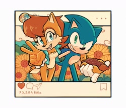 Size: 1563x1344 | Tagged: safe, artist:jadepesky, sally acorn, sonic the hedgehog, chipmunk, hedgehog, 2024, chili dog, daytime, duo, english text, flower, food, grin, holding something, hot dog, instagram, looking at viewer, male, open smile, sally x sonic, sally's vest and boots, shipping, smile, smiling at viewer, straight, sunflower, v sign