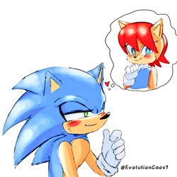 Size: 720x720 | Tagged: safe, artist:sora_drawing_0, sally acorn, sonic the hedgehog, chipmunk, hedgehog, 2022, blushing, heart, male, sally x sonic, sally's ringblader outfit, shipping, simple background, solo, straight, thinking, thought bubble, white background