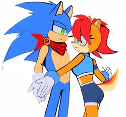 Size: 2048x1902 | Tagged: safe, artist:sora_drawing_0, sally acorn, sonic the hedgehog, chipmunk, hedgehog, 2023, duo, looking at each other, male, sally x sonic, sally's ringblader outfit, scarf, shipping, simple background, smile, smiling at each other, standing, straight, white background