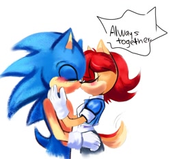Size: 1232x1143 | Tagged: safe, artist:caos_evolution, artist:sora_drawing_0, sally acorn, sonic the hedgehog, chipmunk, hedgehog, 2021, alternate outfit, blushing, dialogue, duo, english text, eyes closed, male, sally x sonic, shipping, simple background, speech bubble, standing, straight, white background