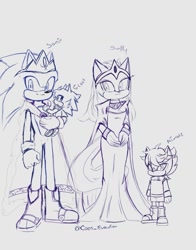 Size: 889x1136 | Tagged: safe, artist:caos_evolution, artist:sora_drawing_0, sally acorn, sonic the hedgehog, oc, oc:nimble acorn (sora drawing 0), oc:scoot acorn (sora drawing 0), chipmunk, hedgehog, 2021, adult, cape, carrying them, character name, child, clothes, crown, english text, family, fankid, father and child, king sonic, male, mother and child, older, parent:sally, parent:sonic, parents:sonally, quartet, queen sally acorn, sally x sonic, shipping, simple background, sketch, smile, standing, straight, tiara, toddler