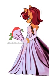 Size: 657x1024 | Tagged: safe, artist:caos_evolution, artist:sora_drawing_0, sally acorn, chipmunk, 2022, blushing, clothes, female, flower, holding something, looking at viewer, looking back, looking back at viewer, rose, simple background, solo, standing, wedding dress, white background