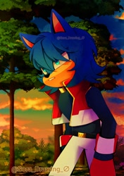 Size: 1444x2048 | Tagged: safe, artist:sora_drawing_0, oc, oc:scoot acorn (sora drawing 0), hedgehog, 2024, afternoon, bush, clothes, fankid, flower, fully clothed, looking offscreen, male, parent:sally, parent:sonic, parents:sonally, redesign, solo, teenager, tree, walking, watermark