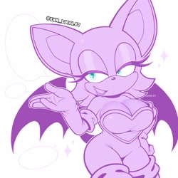 Size: 2048x2048 | Tagged: safe, artist:enn_luigi07, rouge the bat, bat, female, hand on hip, looking offscreen, mouth open, open smile, outline, simple background, smile, solo, speech bubble, white background, white outline