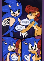 Size: 1494x2048 | Tagged: safe, artist:gummierat, sally acorn, sonic the hedgehog, chipmunk, hedgehog, 2026, abstract background, dialogue, duo, english text, exclamation mark, hand on another's mouth, looking at each other, male, redraw, sally x sonic, sally's vest and boots, shipping, speech bubble, straight
